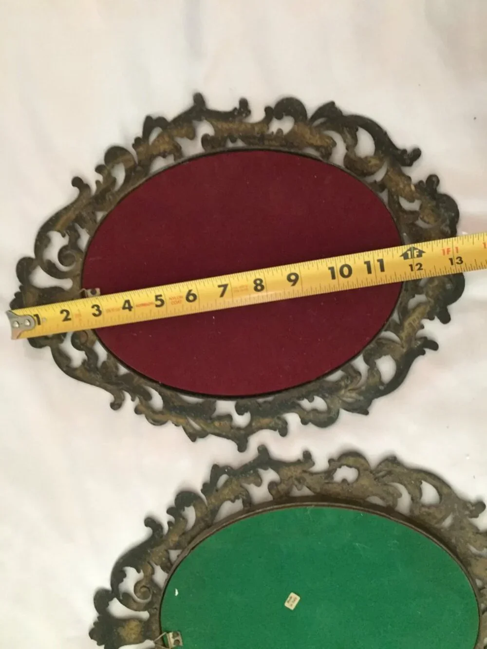 2 Vintage Italian Floral Print Ornate Metal/Brass Frame Convex Bubble Glass